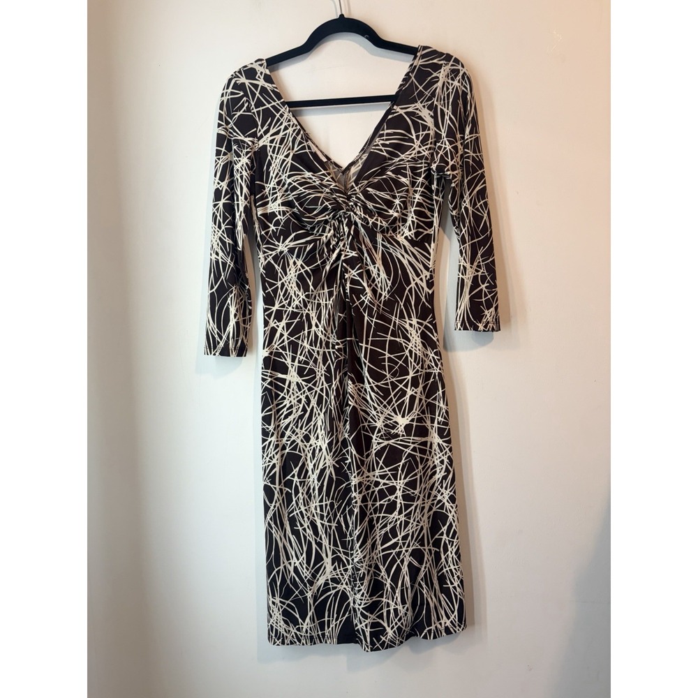 Vintage London Times Surplice Cocktail Dress Brown White Size 6 Y2K Midi Abstrac